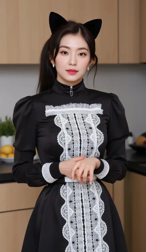 a woman, stand up straight in the kitchen, body facing front, Eyes looking at the camera, both hands folded on the stomach, using a long-sleeved waitress uniform with a long skirt to toe of black color, lacy long to toe apron of white color, using black s...
