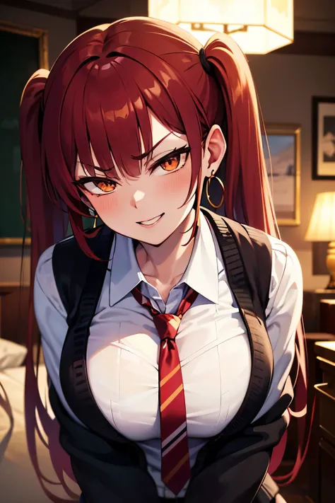 portrait, angry girl, solo, school uniform, micro skirt, long hair, red hair, twintail hair, orange eyes, large breasts, necktie, hoop Pierced earrings, glossy lips, cardigan, blush, flawless smooth skin, looking at viewer, seductive smile, head tilt, hal...
