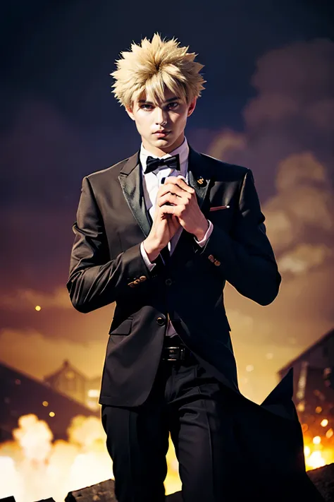 ((masterpiece, cover your face, super definition, high definition)), A young man, Katsuki Bakugo, MY HERO Academia, short blond hair, bright eyes, perfect red eyes , 25 years, black suit, grin, beautiful skin , backwards, sparks,