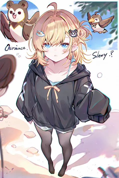 high quality
1 girl , sky blue eyes , blonde 、 shortcuts , Earrings for Women , downward-facing ahoge , asymmetrical bang , bear shaped hair ornament , [[[Sleepy eyes、 black tights covered with sand、full body、Vigilance、 has...