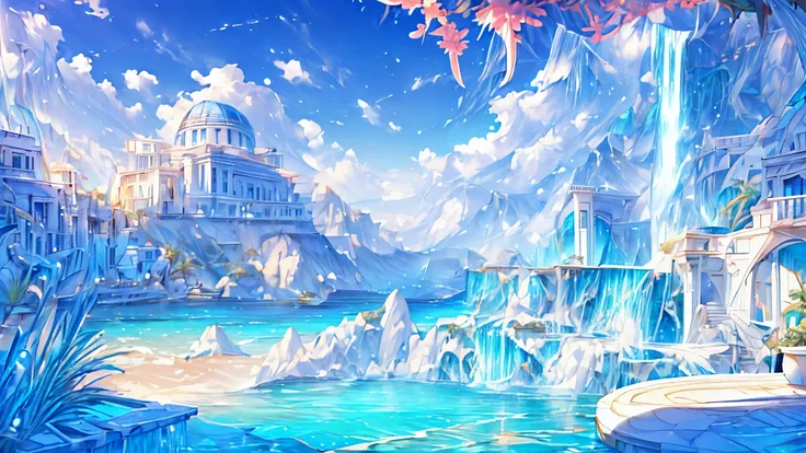 A Masterpiece In 32K Resolution, (beautiful image:1.5), CG, (waterfall:1.5), (mediterranean style:1.4),(white_building:1.3),blue sky, white cloud, sun light, Ultra detailed details, HQ, 16k,extremely detailed CG, plant, A city blessed with water, Beautiful...