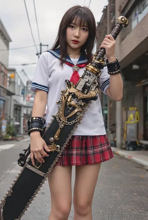 GOD EATER, a commanding figure of a Japanese girl in a sailor school uniform have very blood miniskirt stands in a dystopian urban setting, ((wielding a massive, highly detailed mechanical chainsaw-like sword covered in complex mechanical parts , gears and...
