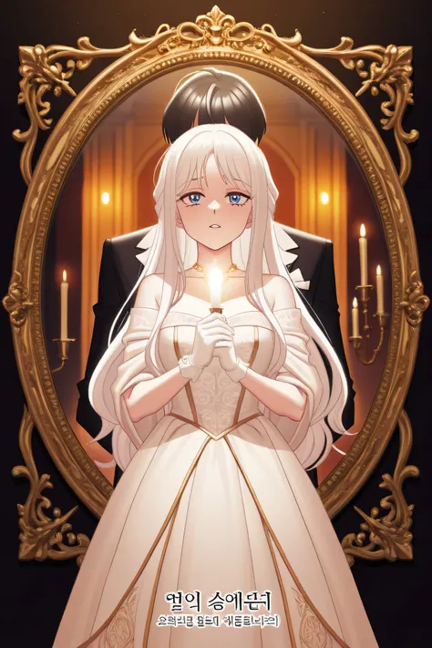 A Korean romance novel cover in manhwa-style illustration, inspired by elegant historical fantasy romance.
Detailed, soft, and expressive linework, with painterly shading and rich textures, typical of Korean webtoon (manhwa) illustrations.
A pale-skinned ...
