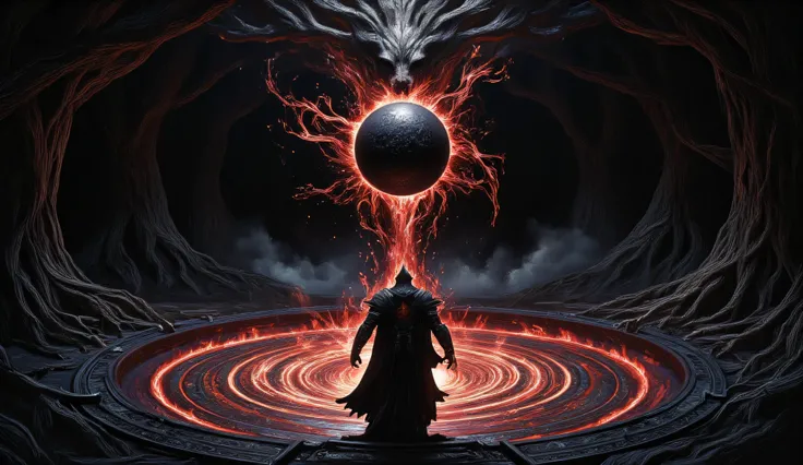 (Deep within a forest ensnared by shadows, a dark knight stands at the center of an arcane circle, where intricate patterns glow with an unholy crimson light. His presence is ominous and commanding, clad in an armor that seems to absorb the very light arou...