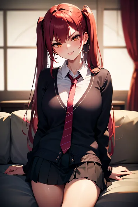 portrait, angry girl, solo, school uniform, micro skirt, long hair, red hair, twintail hair, orange eyes, large breasts, necktie, hoop Pierced earrings, glossy lips, cardigan, blush, flawless smooth skin, looking at viewer, seductive smile, head tilt, hal...