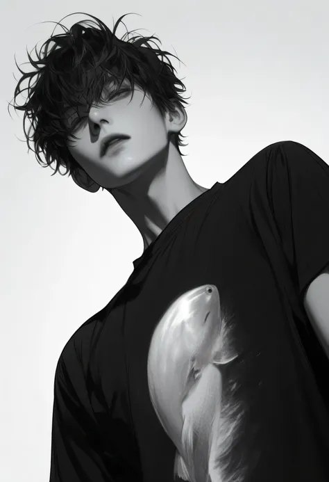 :Linear animation,black and white boy,handsome boy,Bow your head,salty fish-eyed expression,Broad shoulders and narrow waist,Tall,has a very decadent temperament,Black T-shirt,strong ones,has messy hair,45 degree viewing angle。