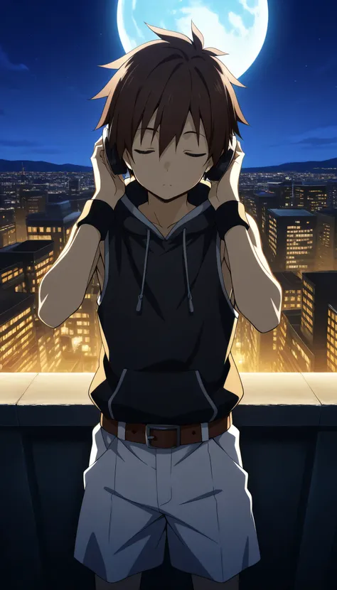  ,,Give your images flat even illumination (negative) or dramatic chiaroscuro lighting , 1boy, headphones, male_focus, closed_eyes, shorts, , belt,, , sleeveless,shorts, white shorts, looking at viewer ,hoodie, sleeveless hoodie, high collar, wristband , y...