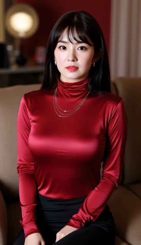 a woman, sitting upright in the living room, body facing front, Eyes looking at the camera, wear long sleeve muslim shirt in red satin material, long leggings black, big size G-cup, hair model bob black, face seductive expression, slim waist