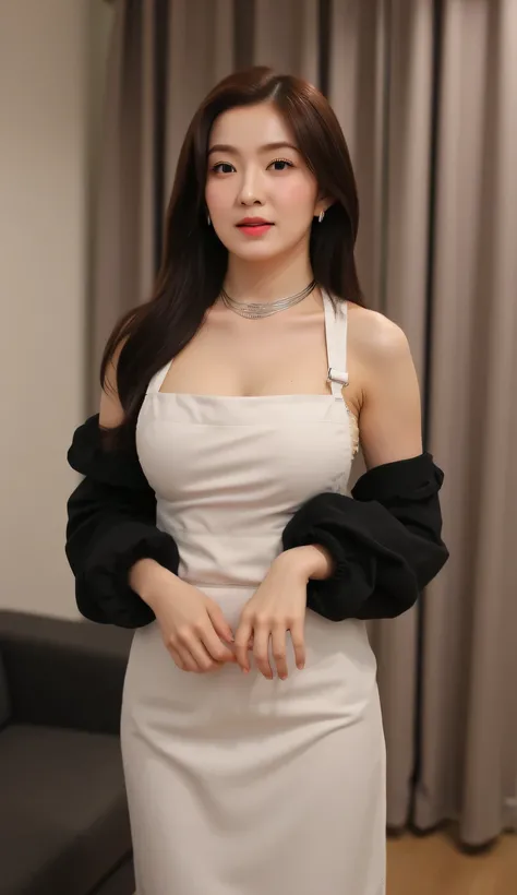 a woman, standing upright in the living room, body facing front, Eyes looking at the camera, just wear a long apron of white color, underwearless, wearing a long black satin veil, big size G-cup, face seductive expression, slim waist