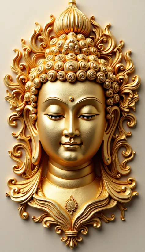 Create the buddha face with gold paper quilling art details be professional