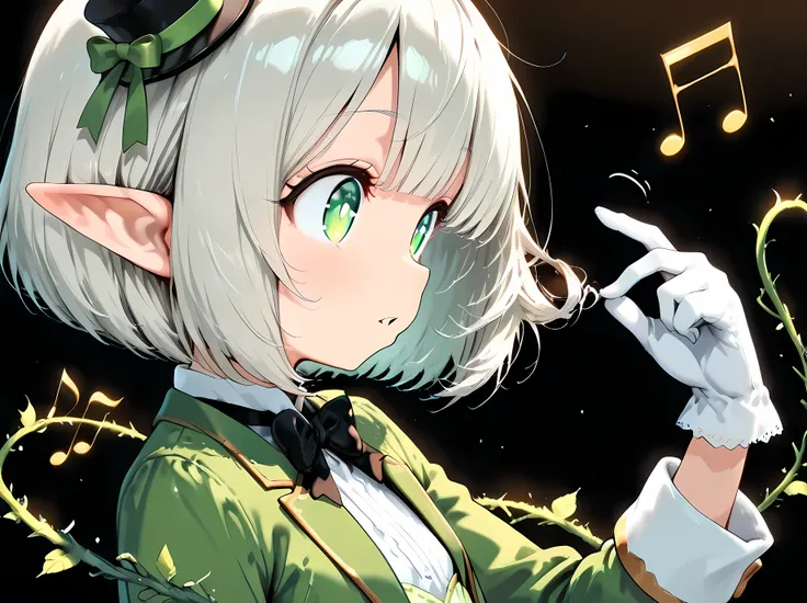((black simple background, directing the music, sparkling notes, multiple notes, swirling notes)), face focus, from side, (solo, 1girl, elf, silver hair, bob cut, green eyes, pointed ear), (((, thin, petite, short, beautiful hand))), (minihat, green tuxedo...