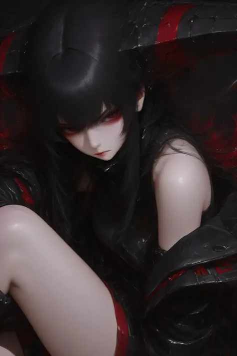 a girl with black hair and red eyes,her hair covers her shoulders, serious expression. is sitting,high quality,ultra fine details