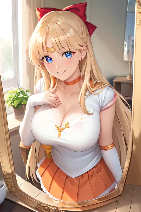 a woman in reflected mirror:1.4,  reflection, sv1, venus_a, trademark pose, sailor senshi uniform, tiara, orange sailor collar, red bow, orange choker,  orange skirt, elbow gloves, close-up portrait with direct gaze, blue eyes, face to viewer, bedroom, (ul...