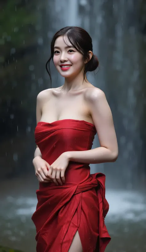 RAW, Best quality, high resolution, masterpiece: 1.3), Masterpiece, rain, perfect wet soaked body, wet clothes, (huge breasts:1.3), cleavage cutout, open breast, black chignon hair, open stand, realistic, dark hairy pussy, Soft smile, thick thighs, she is...