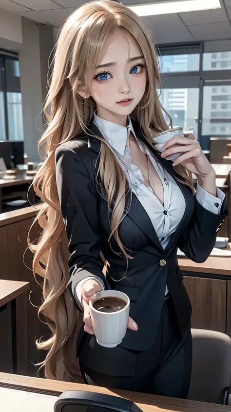 solitary woman, long wavy blonde hair, blue eyes, Wink, secretary, Office, Business suit, a wide seductive smile, elegant, collar, business jacket, neckline, computer, very big breasts, very long eyelashes, Futuristic:0.3, drinking coffee, relaxed, holding...