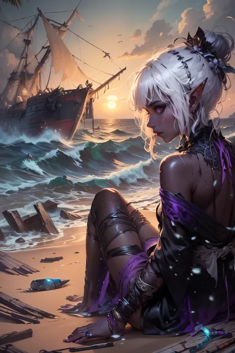 (Ultra-detailed face, Looking Away, Gothic Illustration, Dark Tone Colors.) , BREAK 
(View looking down on the beach from above. A female dark elf adventurer drifts onto the shore of a snowy tropical island, looking around in dismay. A wrecked galley can b...