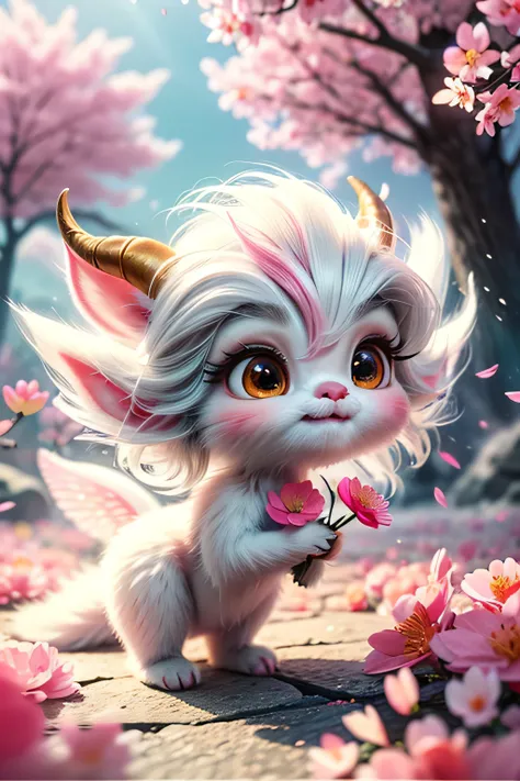 whimsical airbrush and oil painting, best angle of a Very cute pink ethereal shimmering mythical graceful transparent anthropomorphic furry satyr holds a sakura flower, pink fur, thin paws, fragile legs, pink satyr spirit, Mystical Sakura Sea where sakura ...