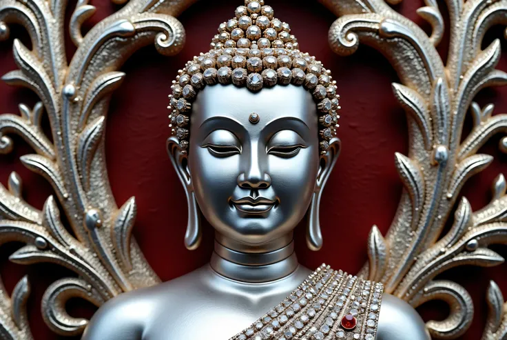 Create the male platinum buddha peaceful face craft with lots of diamonds and ruby gems arts details be professional bermese culture