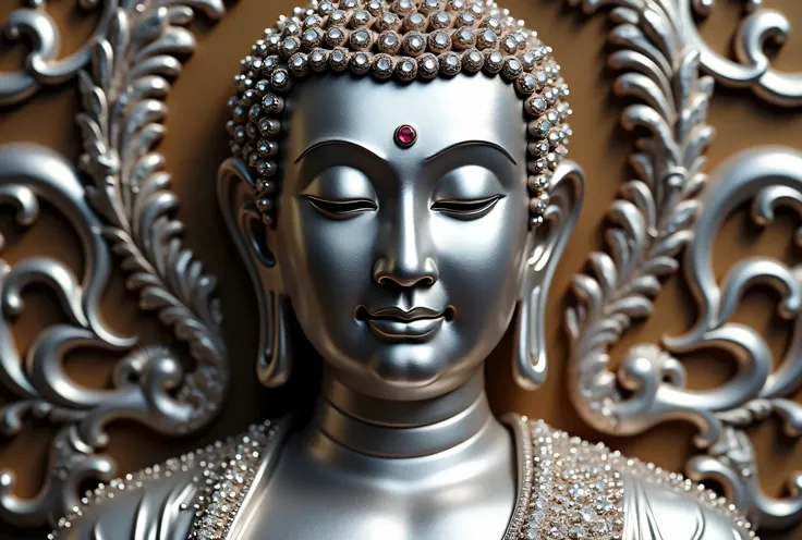 Create the male platinum buddha peaceful face craft with lots of diamonds and ruby gems arts details be professional bermese culture