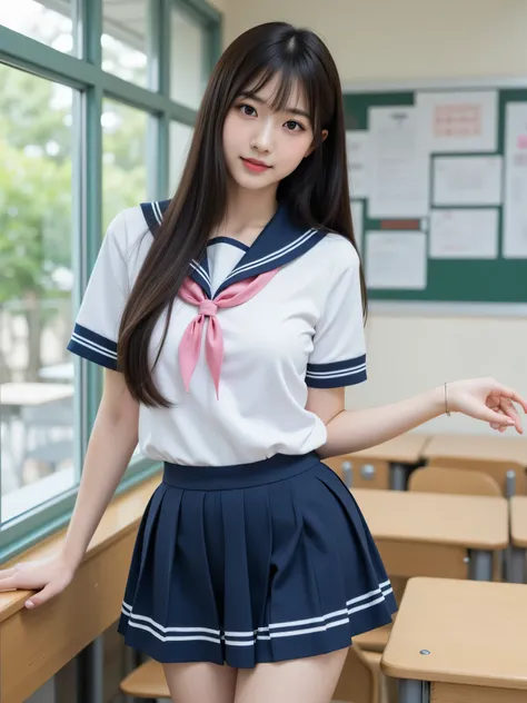 japanese cute idol, Japanese cute girl, kawaii, a pretty woman is posing at the school , 1girl, solo, realistic, ecstasy, school uniform, long hair, black hair, nsfw, masterpiece, best quality, hyper detailed, insanely detailed, 16k, japanese , cute, ...