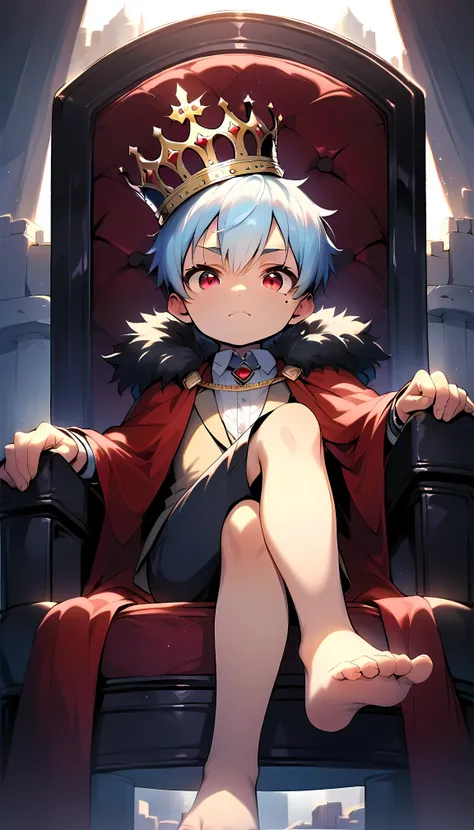 (score_9, score_8_up, score_7_up), (perfect face), (detailed face:1.3), (detailed eyes:1.3), (cute eyes), (shiny eyes), (masterpiece eyes), (cute face:1.2), (1 boy), (shota:1.5), (sitting on king chair:1.3), (leg crossed:1.3), (barefoot:1.2), (right hand h...