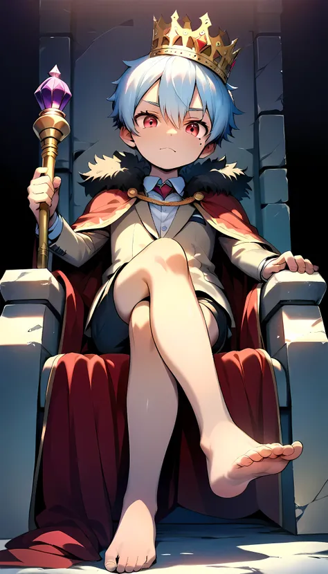 (score_9, score_8_up), realistic face, (perfect face), (detailed face:1.3), (detailed eyes:1.3), (cute eyes), (shiny eyes), (masterpiece eyes), (cute face:1.2), (1 boy), (shota:1.5), (sitting on king chair:1.3), (leg crossed:1.3), (barefoot:1.2), (right ha...
