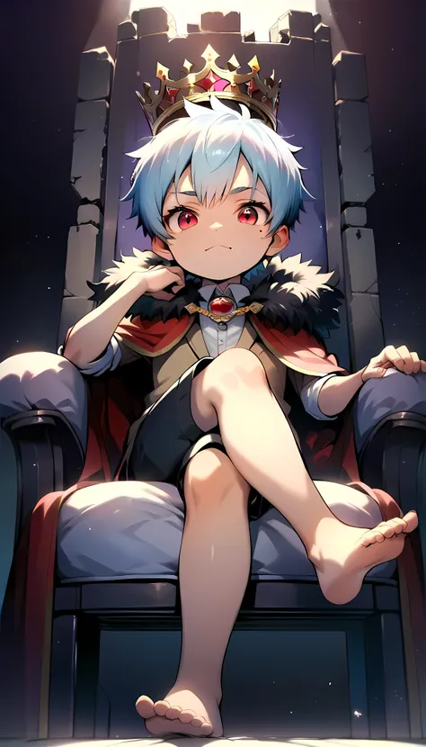 (score_9, score_8_up, score_7_up), realistic face, (perfect face), (detailed face:1.3), (detailed eyes:1.3), (cute eyes), (shiny eyes), (masterpiece eyes), (cute face:1.2), (1 boy), (shota:1.5), (sitting on king chair:1.3), (leg crossed:1.3), (barefoot:1.2...