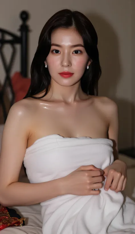 a woman, is in the bedroom, Sit on the mattress, Sexy posing stimulates, eyes looking at camera , shirt looks full body, wearing wet towel wraps body, big size H-cup, red lips, black hair, all over wet body, Lots of bras and condoms spread over the matt...