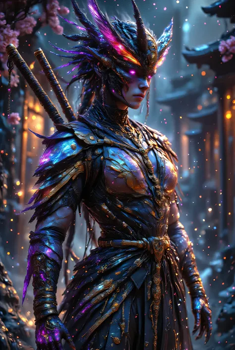 A hyper-realistic depiction of a powerful kunoichi wearing a traditional Japanese mask (oni or kitsune style), standing confidently with two katanas crossed on her back. She radiates a divine aura, glowing with vibrant colors like electric blue, gold, and ...
