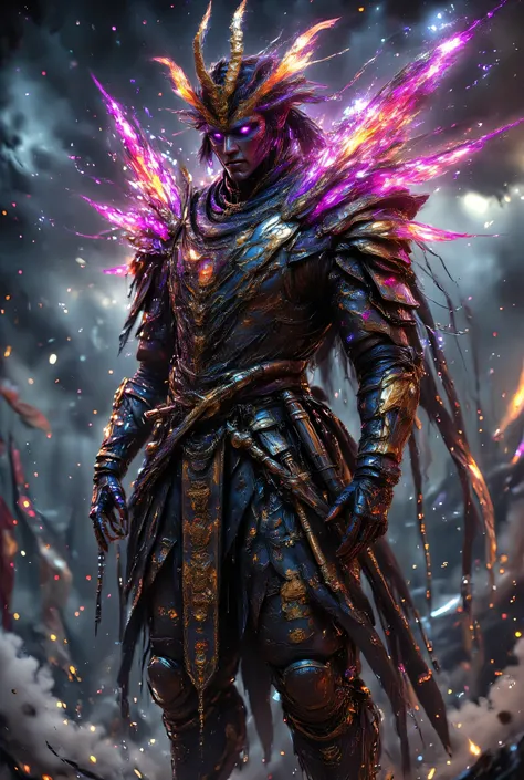 A hyper-realistic samurai warrior standing tall under a stormy sky, wearing ornate traditional armor with intricate golden details and a menacing Japanese demon mask (Oni style). He holds a blood-stained katana in one hand and a second sheathed blade at hi...