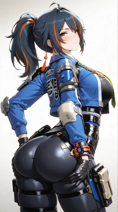 masterpiece, extremely detailed,perfect skin texture,4k,solo,1girl ,zhu yuan,stand up,arms behind back,sexy pose,sexy ass,holding ass ,show her ass,ponytail streaked hair,blush,police uniform, blue jacket, cropped jacket, long sleeves, black vest, two-tone...