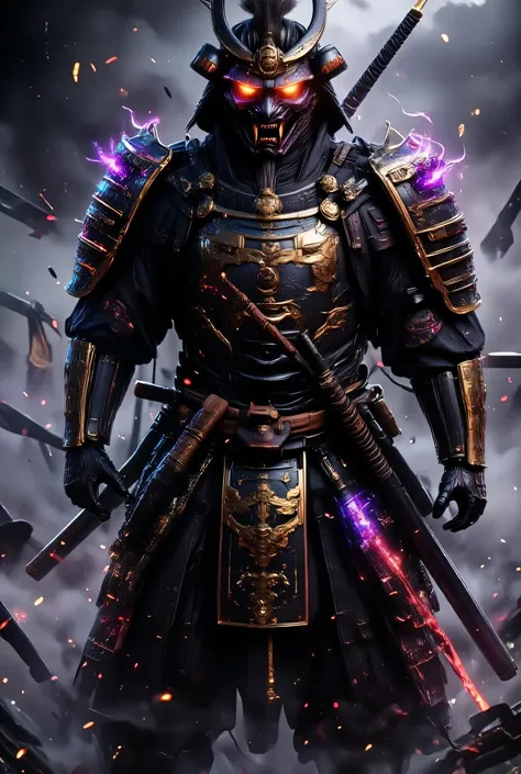 A hyper-realistic samurai warrior standing tall under a stormy sky, wearing ornate traditional armor with intricate golden details and a menacing Japanese demon mask (Oni style). He holds a blood-stained katana in one hand and a second sheathed blade at hi...