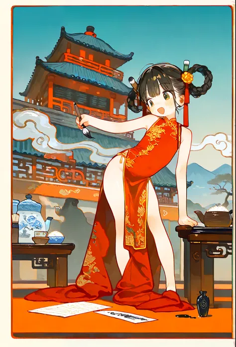  masterpiece, best quality, best quality，High Definition,1 Girl ，Ancient style girl, ，，happy，sexy cheongsam，dance，ancient Chinese architecture，palace， antique ， rice paper ， brush，ink，Inkstone，Tea，Chinese incense，China