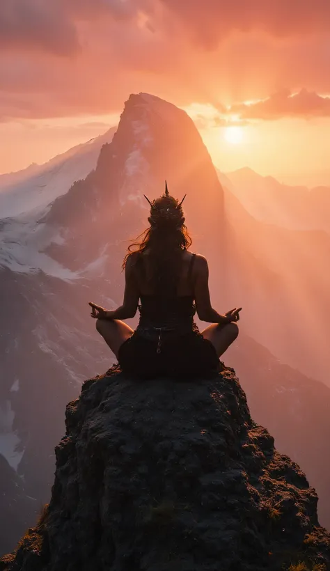 Ultra realistic photography of a ((Nordic woman)), robust, mature, prehistoric, ancient, indomitable, muscular warrior dressed sensually and rustically, the warrior meditates on the summit of a pointed mountain, Background: Fairytale environment, sunset in...
