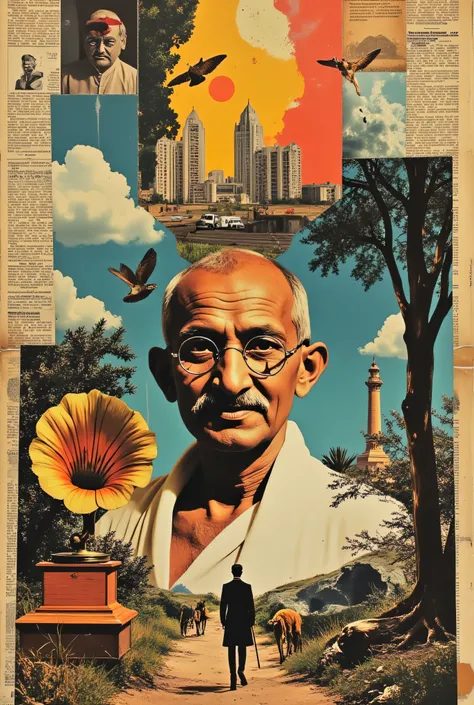 (Masterpiece: 1.0), collage art, surrealist style, Dadist, newsprint pastiche, portrait of Mahatma Gandi, diesel truck, Walt Disney cartoonists sitting at drawing boards, wolf pack hunting, brutalist apartment towers, Black Forest scene, gumdrops, gramopho...