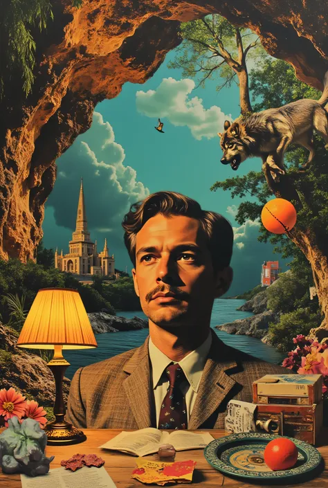 (Masterpiece: 1.0), collage art, portrait of Aldous Huxley, diesel truck, Walt Disney cartoonists at drawing boards, wolf pack hunting, brutalist apartment towers, Black Forest scene, gumdrops, gramophone, hurricane lamp, underground cavern with stalactite...