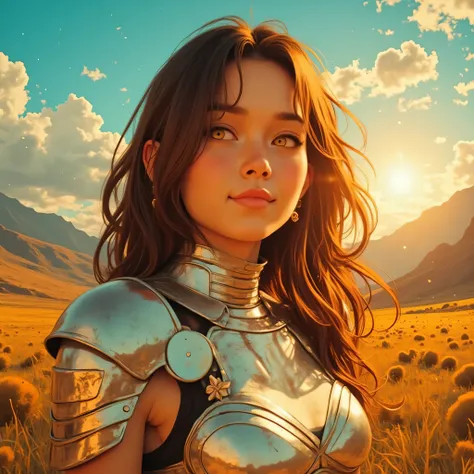 A beautiful 22-year-old woman with long hair and a serious expression, her smile is shy. She wears a modest radiant white metallic armor. The background is a vast valley with a splendid midday, the sky is a brilliant blue with golden lights, creating the s...
