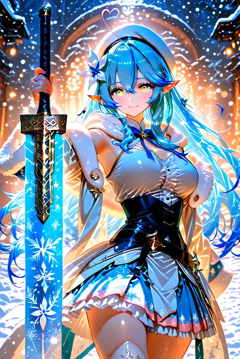 yukihana lamy, magical girl,great sword,smile, snow, high quality,4K,8k, Ultra high definition 8k,high resolution,超high resolution,Super Fine Art ,sharp concentration,physically-based rendering while concentrating,Super Details, Professional,vibrant colors...
