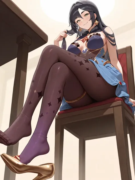 Mona adult face:1.0, adult mature Mona:1.0, Mona outfit:1.0, Mona golden shoes:1.0, Mona purple pantyhose:2.0, shoe dangle:2.0, Mona sitting on a chair at the table, shot from under the table, low angle shot,  HDR, perfect face, green eyes, smirk, playing ...