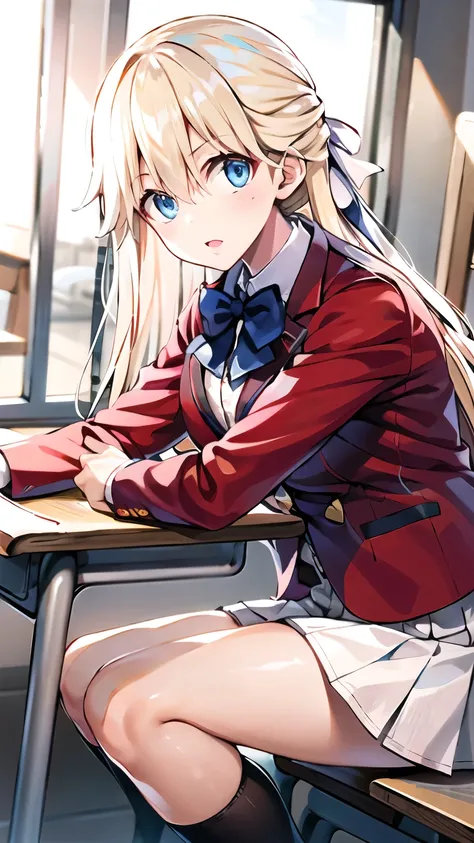 classroom, 1girl, solo, long hair, blonde hair, hair ribbon, bangs, blue eyes, blue bowtie, collared shirt, blazer, red jacket, long sleeves, pleated skirt, white skirt, black kneehighs