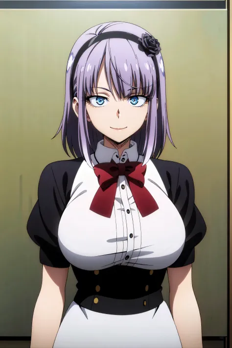 masterpiece, photos, colored anime, anime screencap, a chic, Alone , Hotaru shidare , bow, short manga, looking at the spectator, smile, Upper body, huge breasts,
