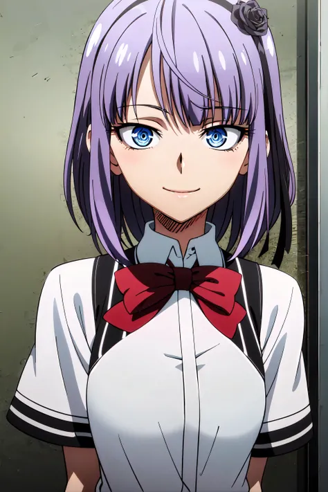 masterpiece, photos, colored anime, anime screencap, a chic, Alone , Hotaru shidare , bow, short manga, looking at the spectator, smile, upper body,