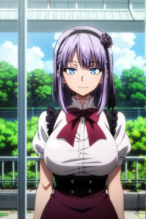 masterpiece, photos, colored anime, anime screencap, a chic, Alone , Hotaru shidare , bow, short manga, looking at the spectator, smile, Upper body, huge breasts,