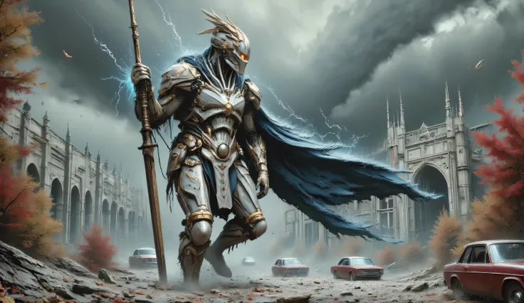 Maximalism, realism. A combat techno knight of the future, in dirty white armor with gold elements. He has a golden crest on his head. He is clutching a long brown-colored blade stuck into the ground. The blade sparkles with blue sparks and lightning. A lo...