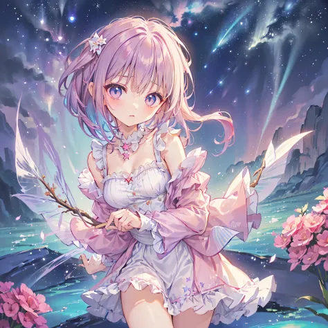 1girl,posters、Star Fairy、absurd、fantasy、 pretty face、Baby Face、(((BEST DETAILS、top quality、greatest masterpiece、Super Detail、high definition))、gradation hair color from milky white to blue、 Unique Hairstyles、 artistic composition、universe、Milky Way、Meteor ...