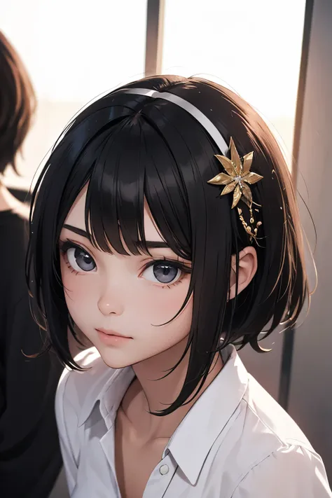  young girl, 14 anos, Pretty Pixie style short black hair, bangs thrown to the right, hair accessory, wearing a casual black blouse . Best Quality, obra prima, ((pretty face)) hd, focus on the face,