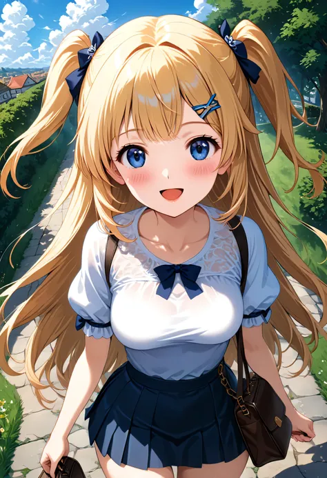 beautiful face, intense look(extremely detailed CG unity 8k wallpaper),(masterpiece),(best quality),(ultra-detailed),(best illustration),(best shadow),(absurdres), Runa, 1girl, blonde hair, solo, skirt, blue eyes, shirt, hair ornament, smile, long hair, o...