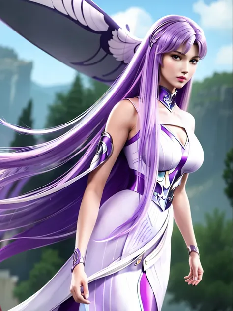 big breasts, a chic, ((Saori O-athena )) with full breasts , Her hair is purple or light purple in the anime, and his eyes are green . Her hair is quite long and abundant , She has a slender, curvy body., A delicate face and pink lips ., Long White Dre...