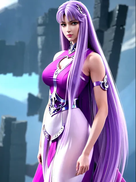 big breasts, a chic, ((Saori O-athena )) with full breasts , Her hair is purple or light purple in the anime, and his eyes are green . Her hair is quite long and abundant , She has a slender, curvy body., A delicate face and pink lips ., Long White Dre...