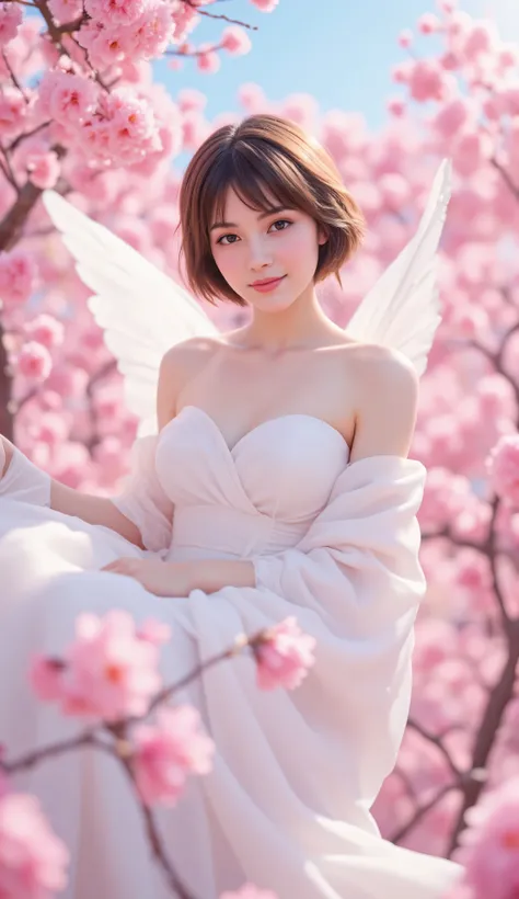 highdefinition images((Masterpiece ))、( Surrounded by cherry blossoms )an anthropomorphic cherry angel woman wearing a white lady's robe、staring at intricate details、is flying in the sky、Delicate Smile of Joy、The Sky Behind、pink、Beautiful feathers、Detaile...